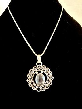 Clear Quartz Silver Plated Gemstone Pendant Necklace Filigree